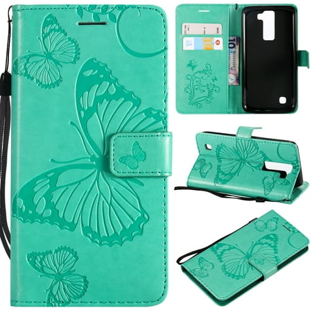 LG K8 K7 Wallet case, Allytech Retro Embossed Butterfly Flip Case Soft TPU Flower Inner Bumper Card Holder Wrist Strap Protective Phone Case for LG K7 / K8 / Escape 3 / Tribute 5 (MA1380), Green
