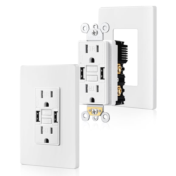 SURAIELEC 15 Amp GFCI Outlet with Dual USB-A Ports, Self-Test GFCI Electrical Outlet Combination with USB-A, Tamper-Resistant GFCI USB Outlet, Screwless Wall Plate I