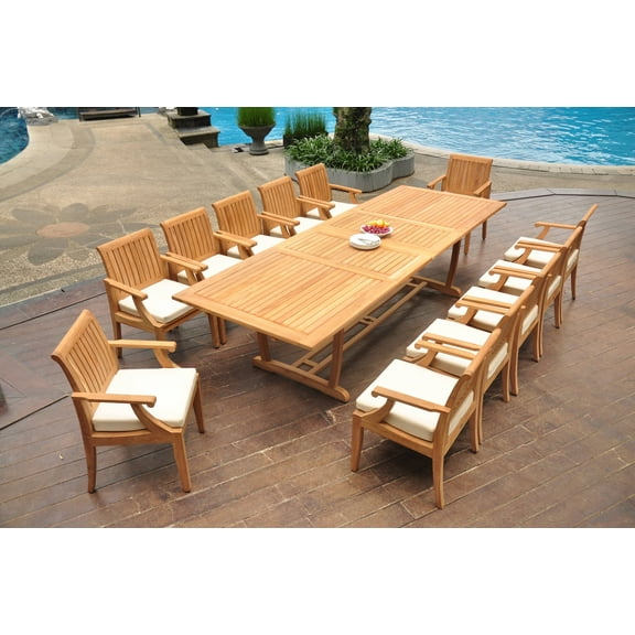 Grade-A Teak Dining Set: 12 Seater 13 Pc: 118" Double Extension Mas Rectangle Trestle Leg Table And 12 Lagos Arm Chairs Patio WholesaleTeak #WMLG18