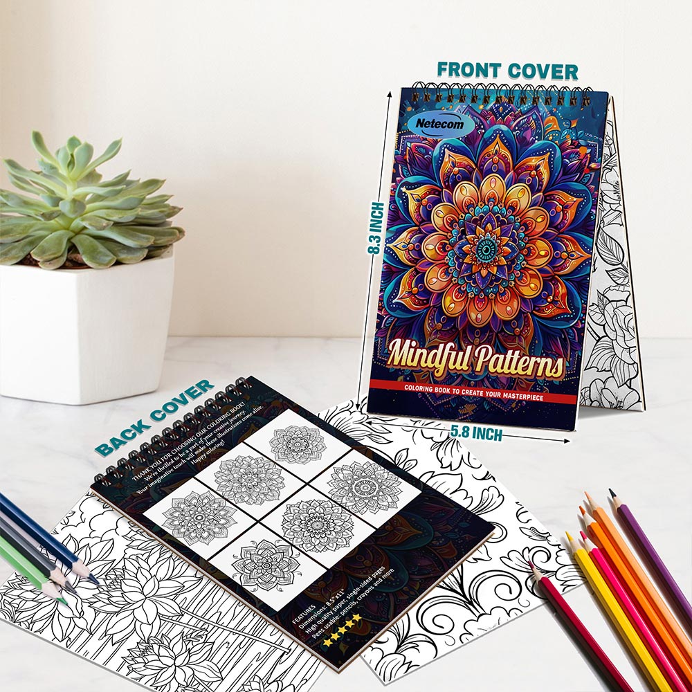Netecom Mindful Patterns Coloring Book Spiral Bound For Adults, A5 Wooden Cover, 30 Gentle Coloring Pages in Flowing and Organic Designs for Stress Relief and Relaxation