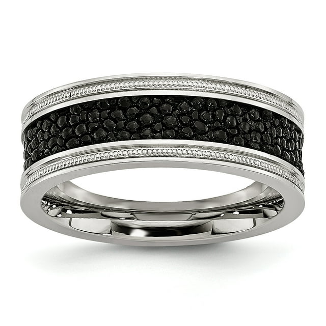 Stainless Steel Polished Black IP-plated/Genuine Stingray Textured Ring Size 12