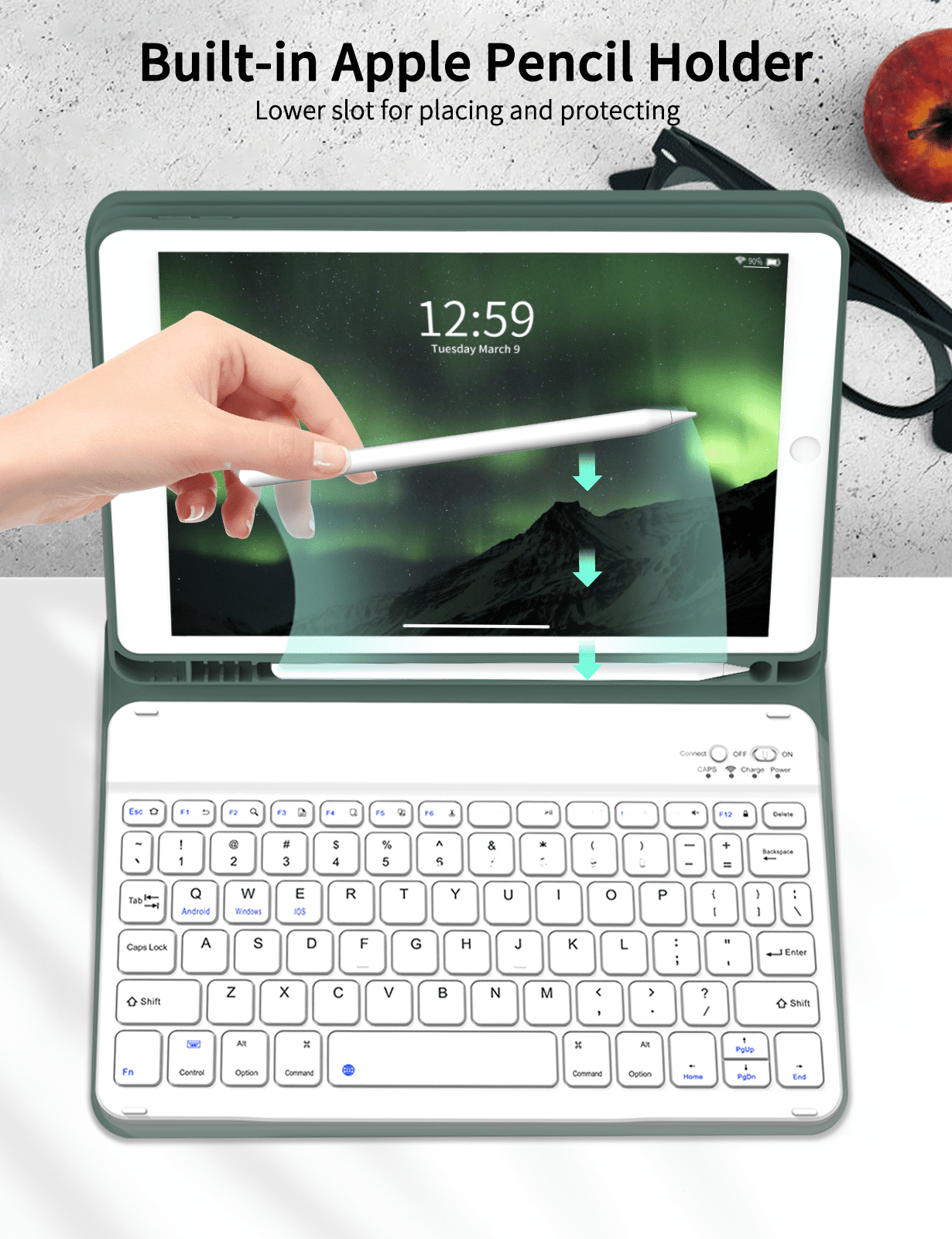 Aoub Keyboard Case for iPad 6th / 5th Generation 2018/2017 9.7 Inch, iPad Air / Air 2, Magnetic Detachable Wireless Bluetooth Folio Stand Rechargeable Keyboard Cover with Pencil Holder, Dark Green