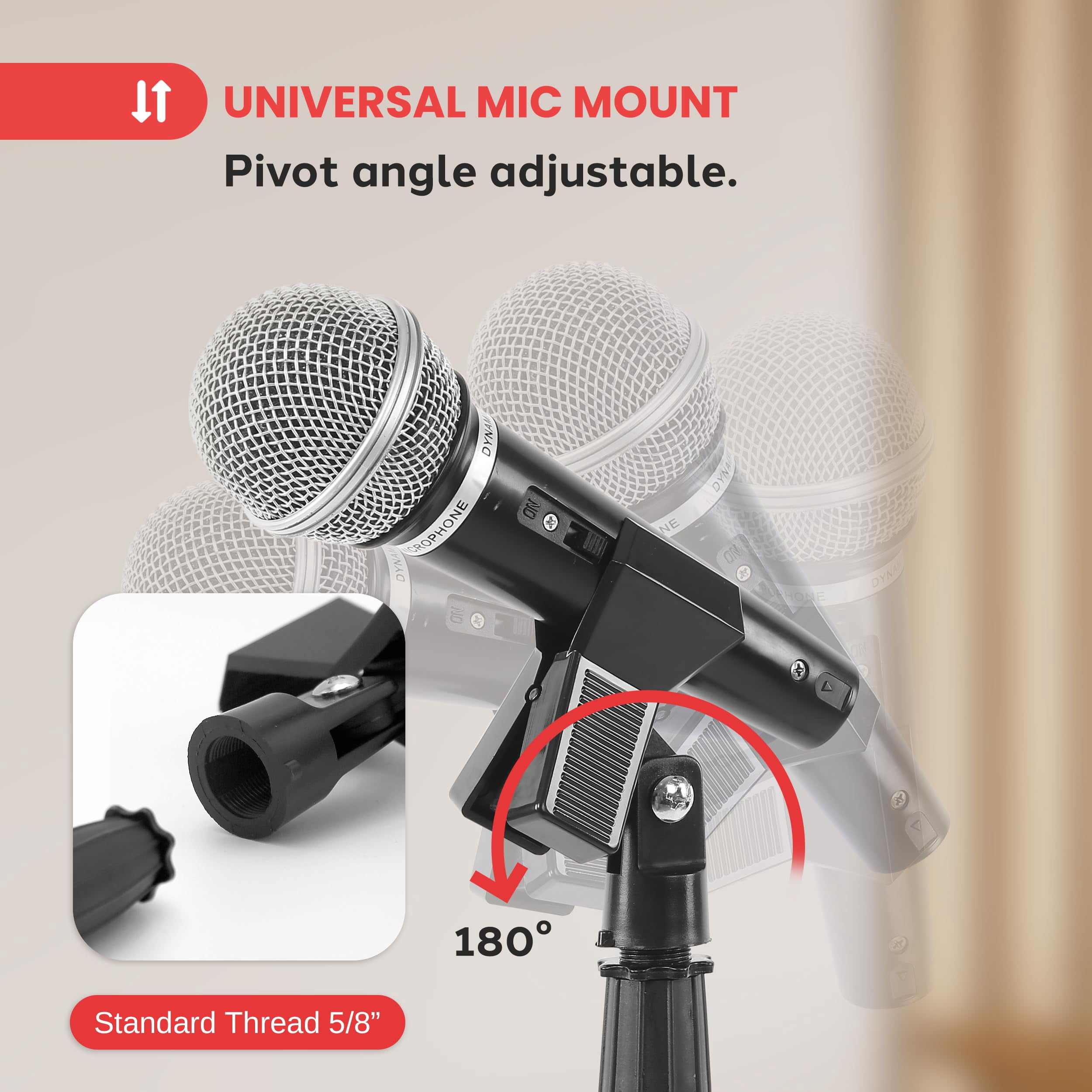 Pyle Square Base Mic Stand with Mic Clip - Heavy Duty, Height Adjustable, 36.2" to 63.38'', Solid Die-Cast Base, Studio & Concert Use, Universal 5/8'' Adapter, Cable Clip Included