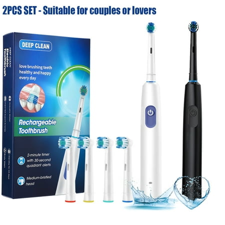 2 Psc Electric Toothbrush with 8 Brush Heads, 5 Modes with 2 Minutes Build in Smart Timer for Couples or Lovers(Black&White)