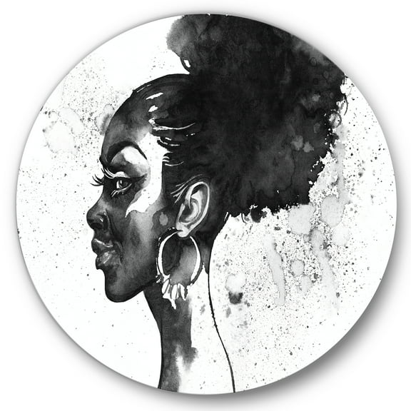 Designart 'Black and White Portrait of African American Woman I' Modern Circle Metal Wall Art 36x36 - Disc of 36