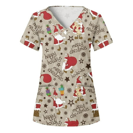 

Christmas Print Scrub Tops for Women Breathable Santa Claus Snowman Pattern V-Neck T-Shirts Tee Tops with Pockets