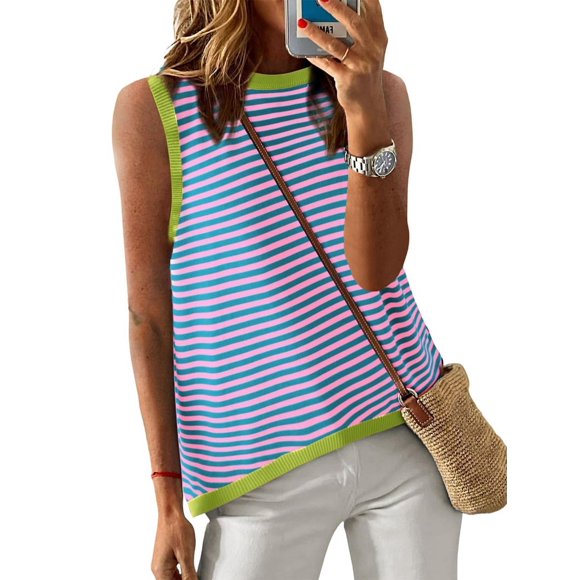 Womens Summer Casual Striped Color Block High Neck Tank Top Loose Knit High Low Sleeveless Shirts Green XL