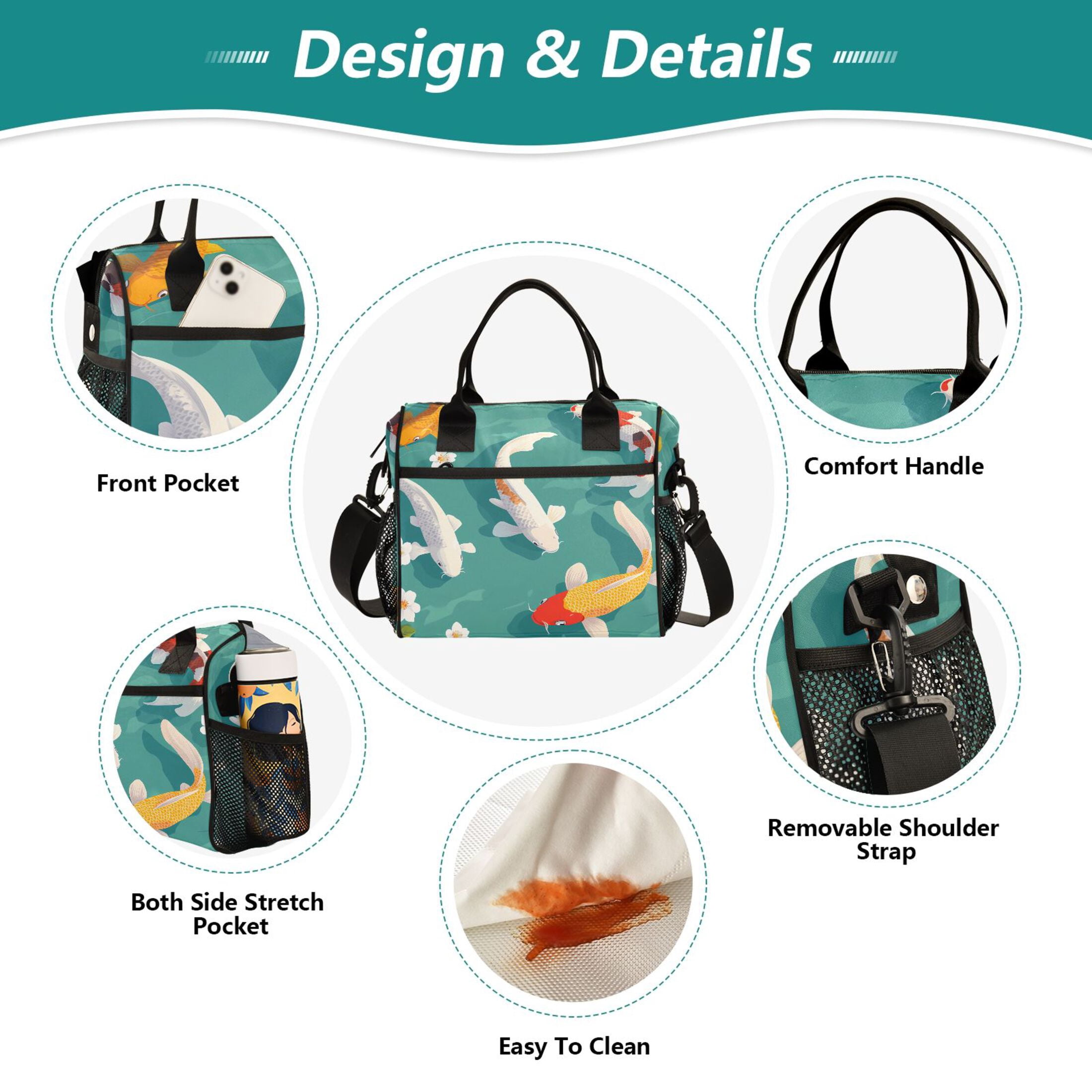 Lunch Bag Insulated Lunch Box Leakproof Reusable Cooler Tote Adjustable Shoulder Strap for Men Women Cartoon Fish and White Flower 9L