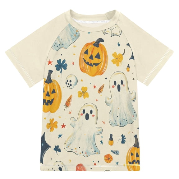 FORMRS Boys Rash Guard Short Sleeves Swim Shirt Quick Dry UPF 50  Sun Protection, Sizes 3-12T, Halloween Cute Ghosts