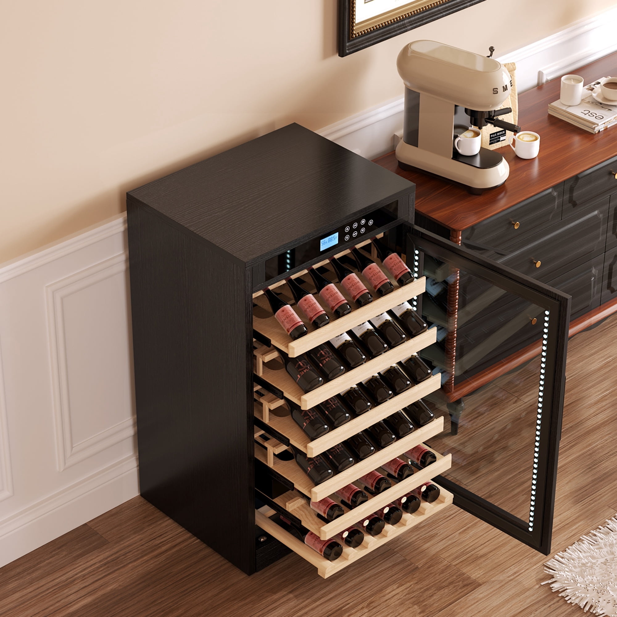 69-Bottle Freestanding Black Wine Fridge | Touch screen control, light-blocking glass, and precise temp regulation for optimal aging