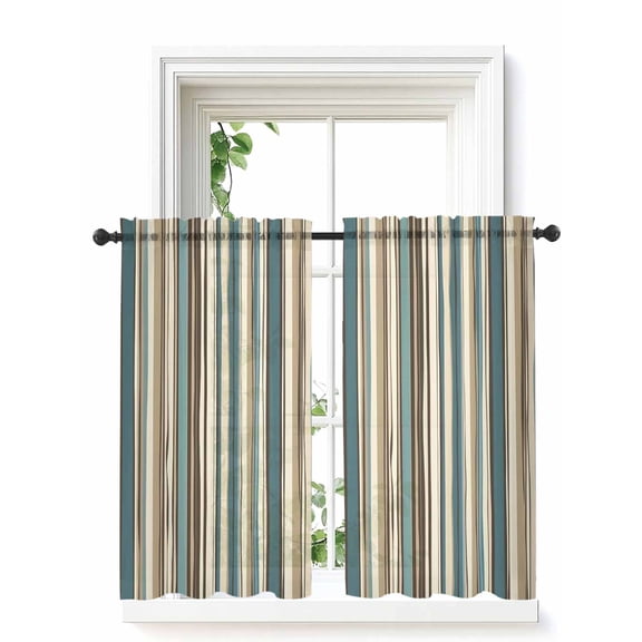 Boho Teal Stripes Curtains 45 Inch Length, Sheer Curtains for Bedroom Living Room Window Bohemian Vertical Striped Geometric Rod Pocket Drapes Kitchen Curtains Small Half Window 42"x45" 2 Panels