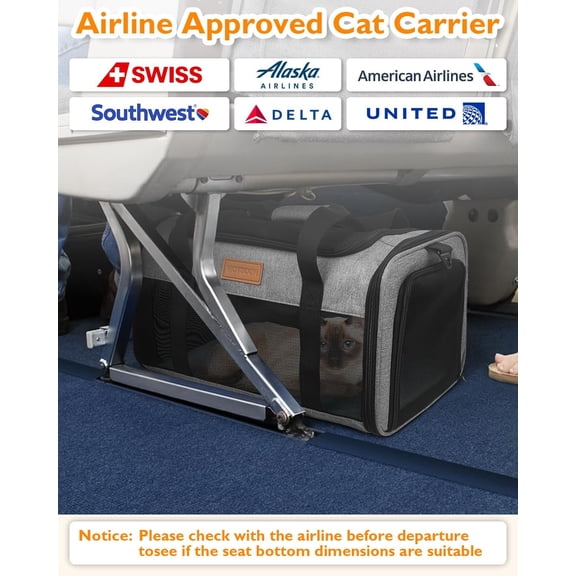 PETUX Airline Approved Pet Carrier - 17x11x9.5 in, Underseat, Top & Side Entry, Soft Sided Cat Dog Carrier for Small Cat & Dog Up to 12 lbs with Breathable Anti-Scratch Mesh for Travel & Vet - Grey