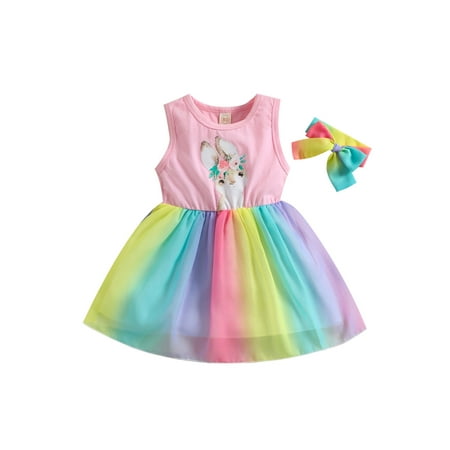 

LisenraIn Infant Easter Outfits Baby Girls Sleeveless Rabbit Print Round Neck Rainbow Dress Bow Headband