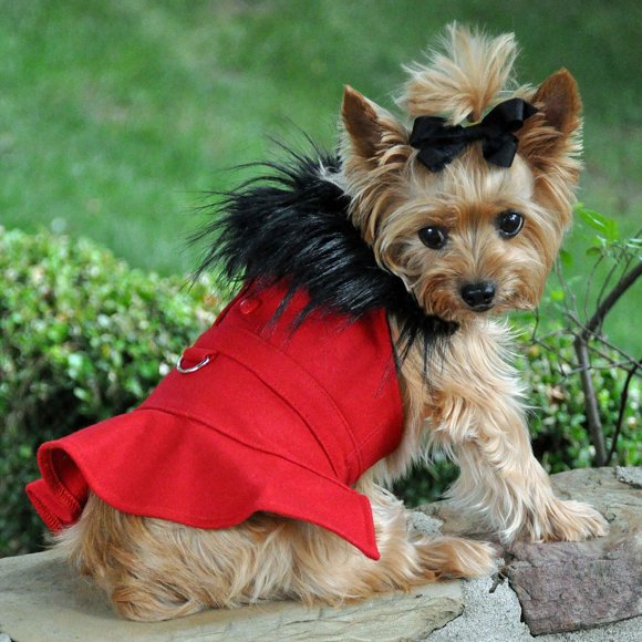 Doggie Design Wool Fur Trimmed Dog Harness Coat with Leash (M, Red)