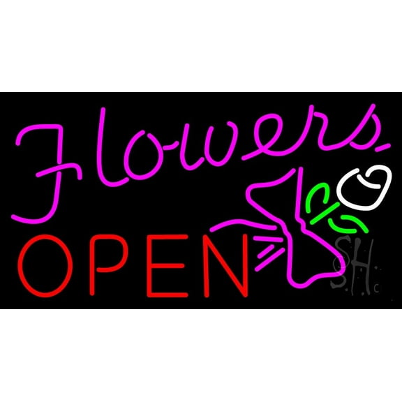 Flowers Open Logo LED Neon Sign 20 x 37 - inches, Black Square Cut Acrylic Backing, with Dimmer - Bright and Premium built indoor LED Neon Sign for Defence Force.
