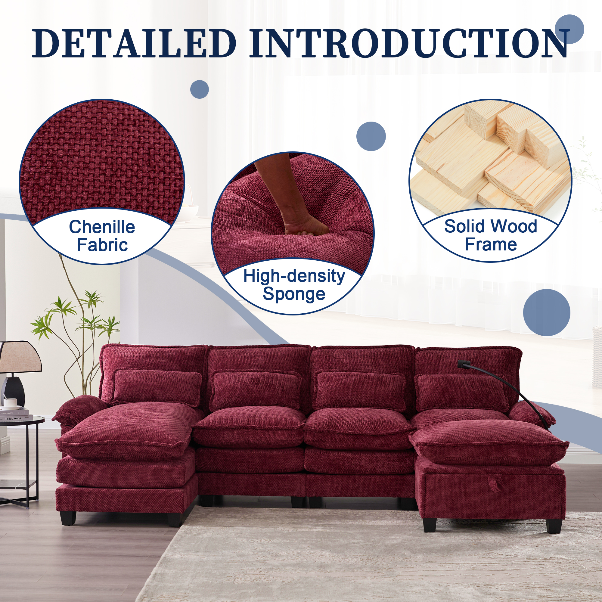 MOONMISS Chenille Upholstered Oversized U-shaped Comfy Modular Sectional Sofa with Storage Ottoman-Wine Red