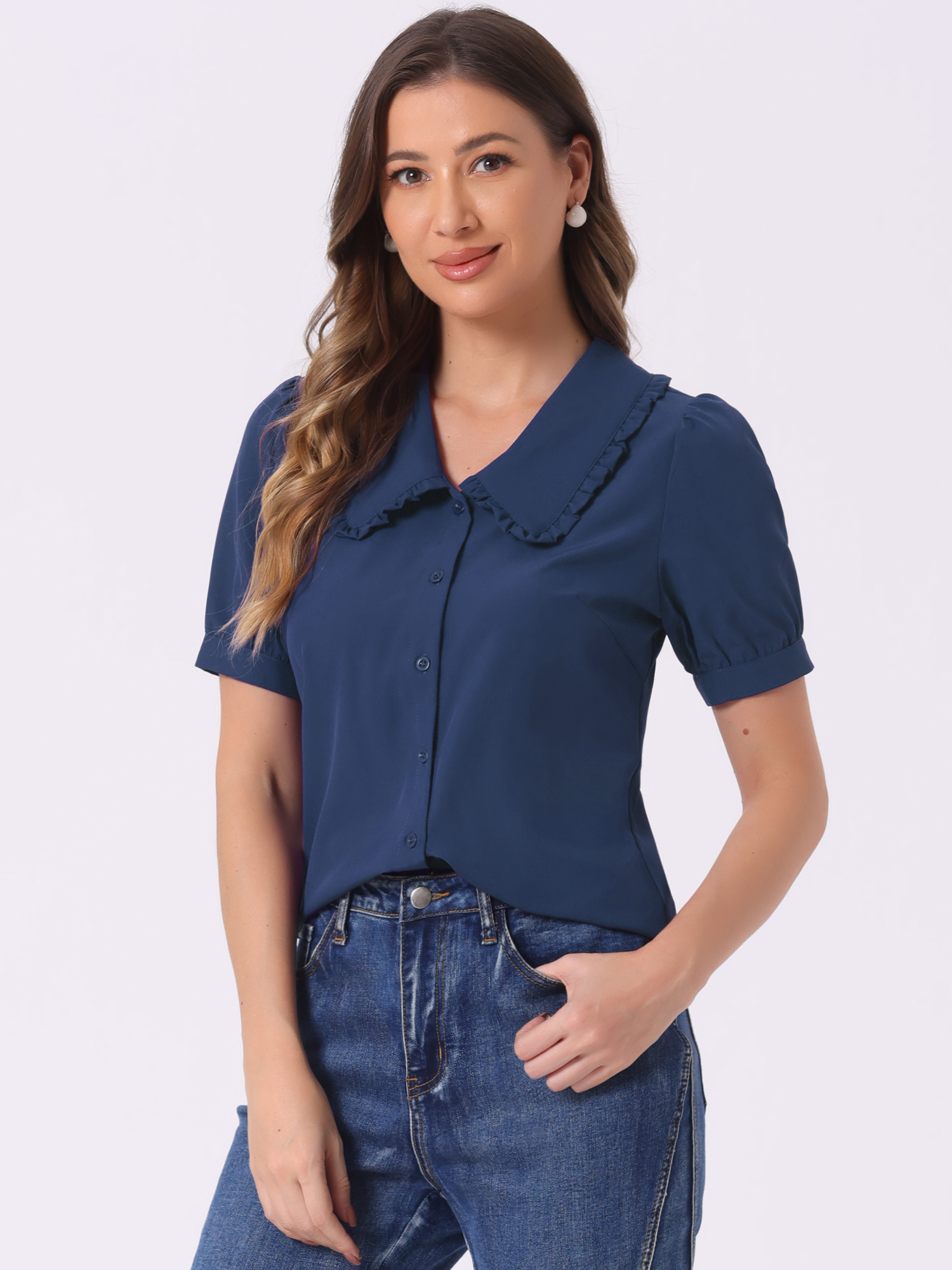 DARING DIVA Women's Peter Pan Collared Puff Short Sleeve Retro Blouse L Dark Blue