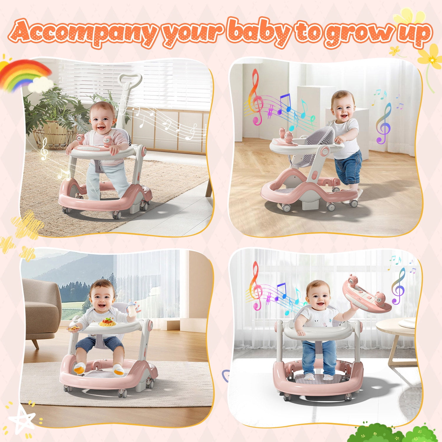 WonderStone 5 in 1 Baby Walker, Foldable Push Walker with Wheels, Music & Light, Baby Bouncer, Baby Activity Center for Boy Girl 6-12 Months (Pink)