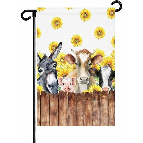 Farm Animal Garden Flag 12x18 Inch Vintage Farmhouse Donkey Pig Cow Sunflower Leaf Wood Fence Double Sided Yard Flags for Outdoor Decoration Welcome Flag Outside Home Garden Porch lawn Patio Sign