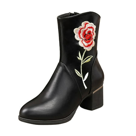 

fvwitlyh Ankle Boots for Women Boots for Women Warm Slip on Ladies Fashion Leather Rose Embroidered Side Zipper Thick Womens Rubber Boots Size 11