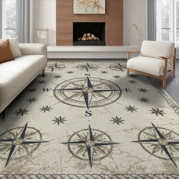 ODIKA 8'x10' Washable Area Rug Compass Vintage Maritime Star With Distressed Rope Border Nautical Flowing for King Size Bedroom Under Bed, Master Suite, Non-Shedding, Easy Care