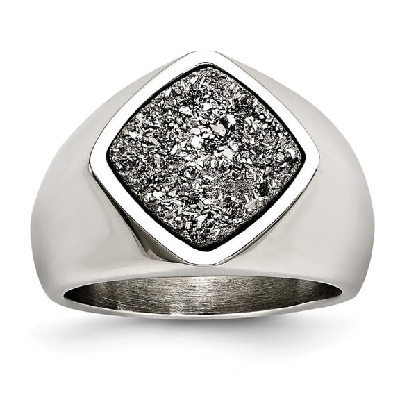 Stainless Steel Polished With Silver Druzy Ring - Size 6