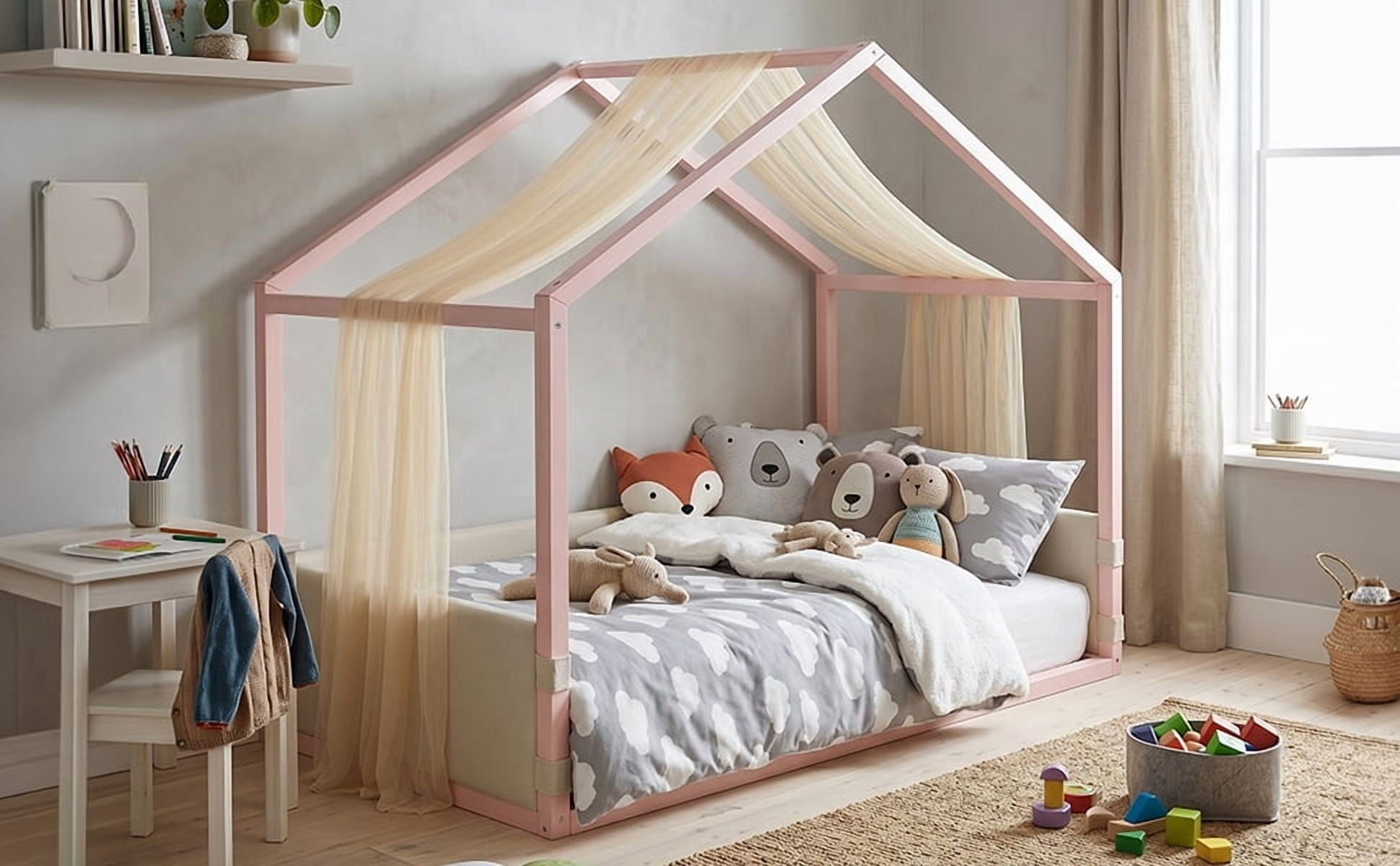 Mintazer Twin Size Montessori House Floor Bed with Breathable Gauze Canopy & Velvet Upholstered Side Guard Panels, Low Platform Kids Playhouse Bed Frame for Bedroom Guest Room, Pink