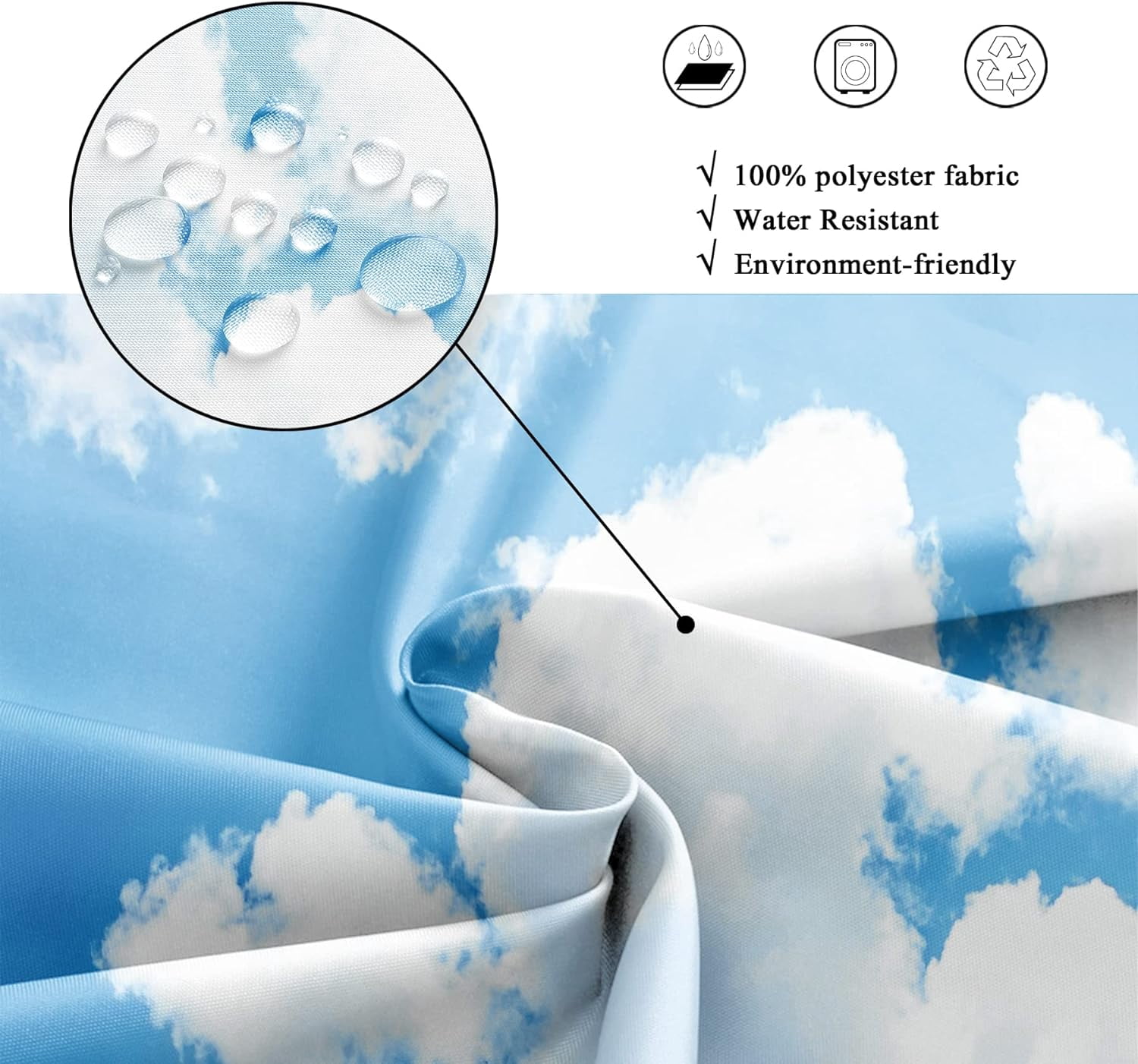Blue Sky White Cloud Shower Curtain Natural Landscape Scenery Waterproof Fabric 72x72 Inch Polyester Bathroom Bathtub Decoration 12 Pack Plastic Hooks