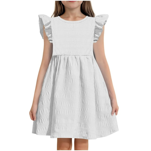 Robes pour Filles Enfants Été Robe à Manches à Volants à Double Couche Blanche 12-13 Ans