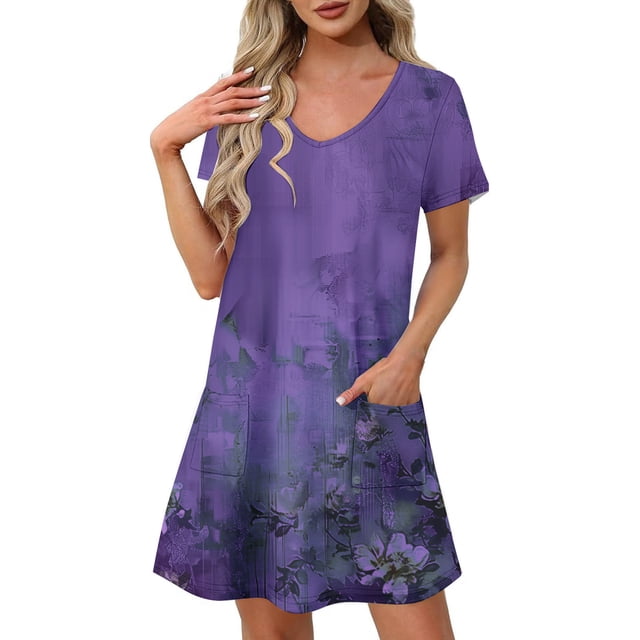 Vestido Corto de Verano Moda Gradiente Corto de Manga en V Cuello Vestido Casual, Poliéster Ligero de Verano, Lavado de Manos