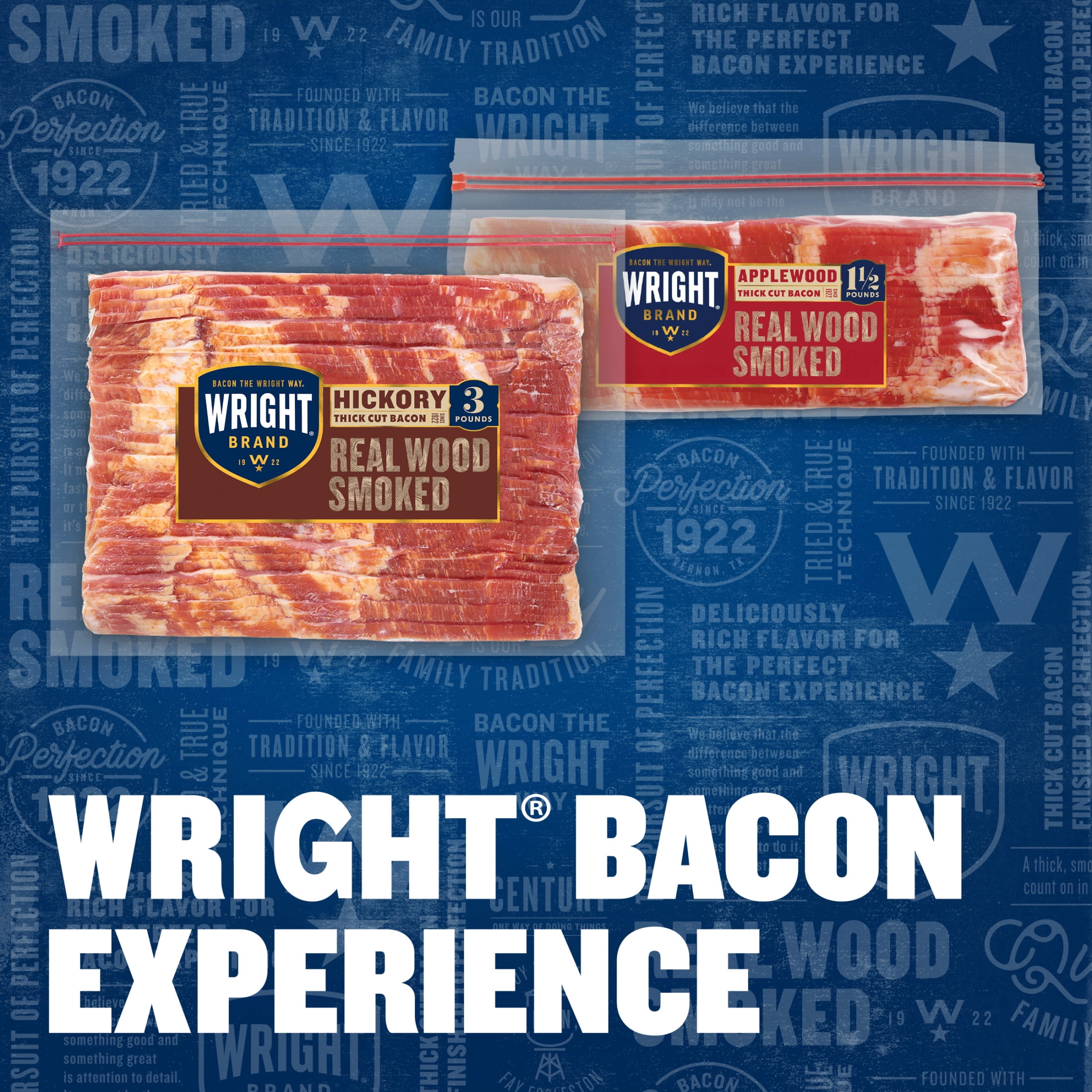 Wright Brand Hickory Real Wood Smoked Thick Cut Sliced Bacon, 48 oz
