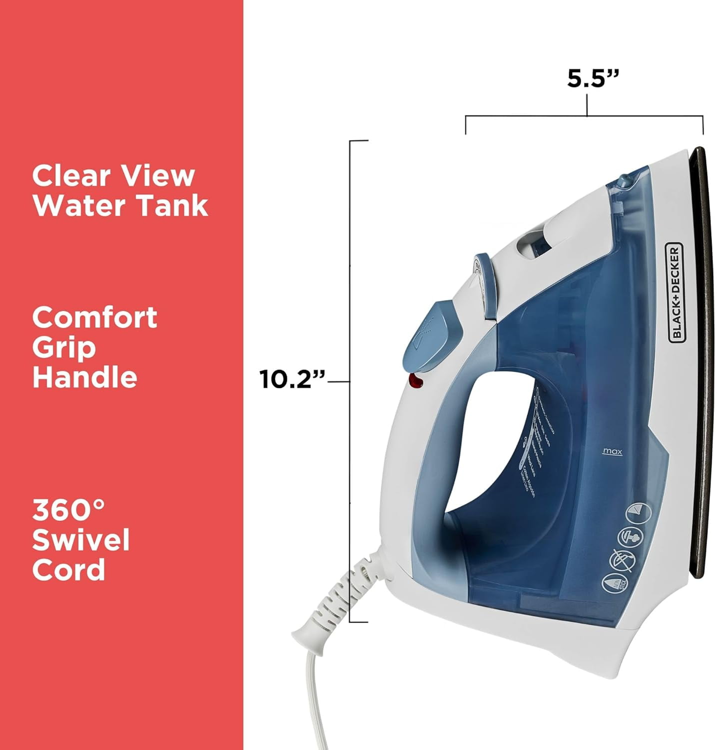 BLACK+DECKER Easy Steam Compact Iron, IR40V, Nonstick Plate, SmartSteam, Anti-Drip, Auto Shutoff