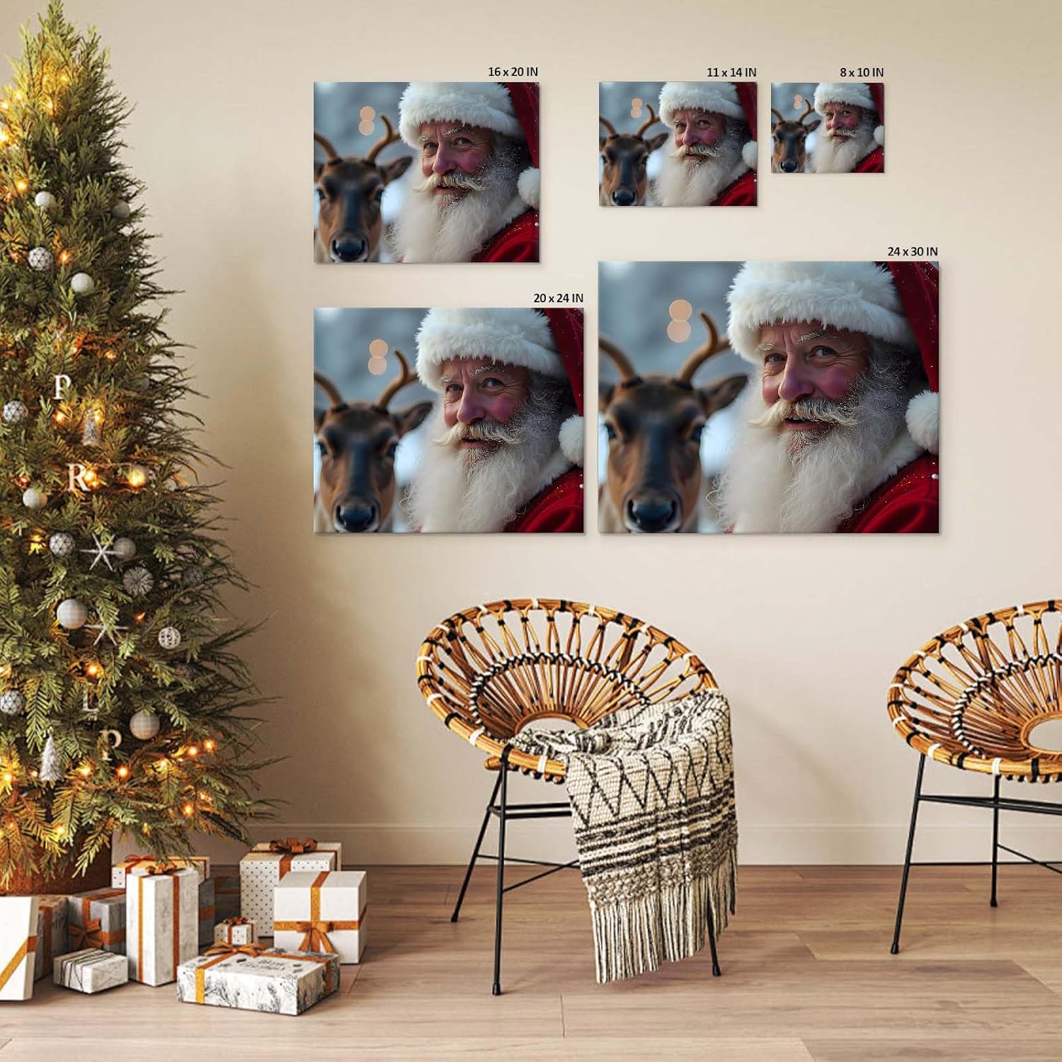 Christmas canvas wall art decor, Santa Claus with Reindeer Canvas Print, Festive Holiday Decor for Room, Unique Christmas Gift for Family and Friends, Adds Christmas Spirit to Your Home 24X30inch