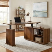 Electric L Shaped Standing Desk with Storage, 55 Mid Century Adjustable Height Sit Stand Desk
