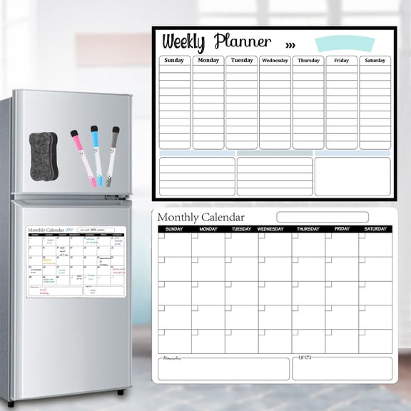 Magnetic Dry Erase Fridge Calendar Whiteboard (16.5” x 12”) Reusable Monthly & Weekly Planner with Markers and Eraser for Kitchen Family Scheduling