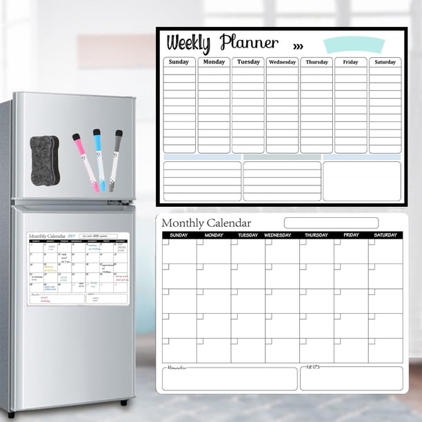 Calendario de planificación mensual semanal de borrado en seco magnético para refrigerador | Pizarra blanca de cocina reutilizable blanca | 16,5 x 12 pulgadas | Montaje en pared con borrador y