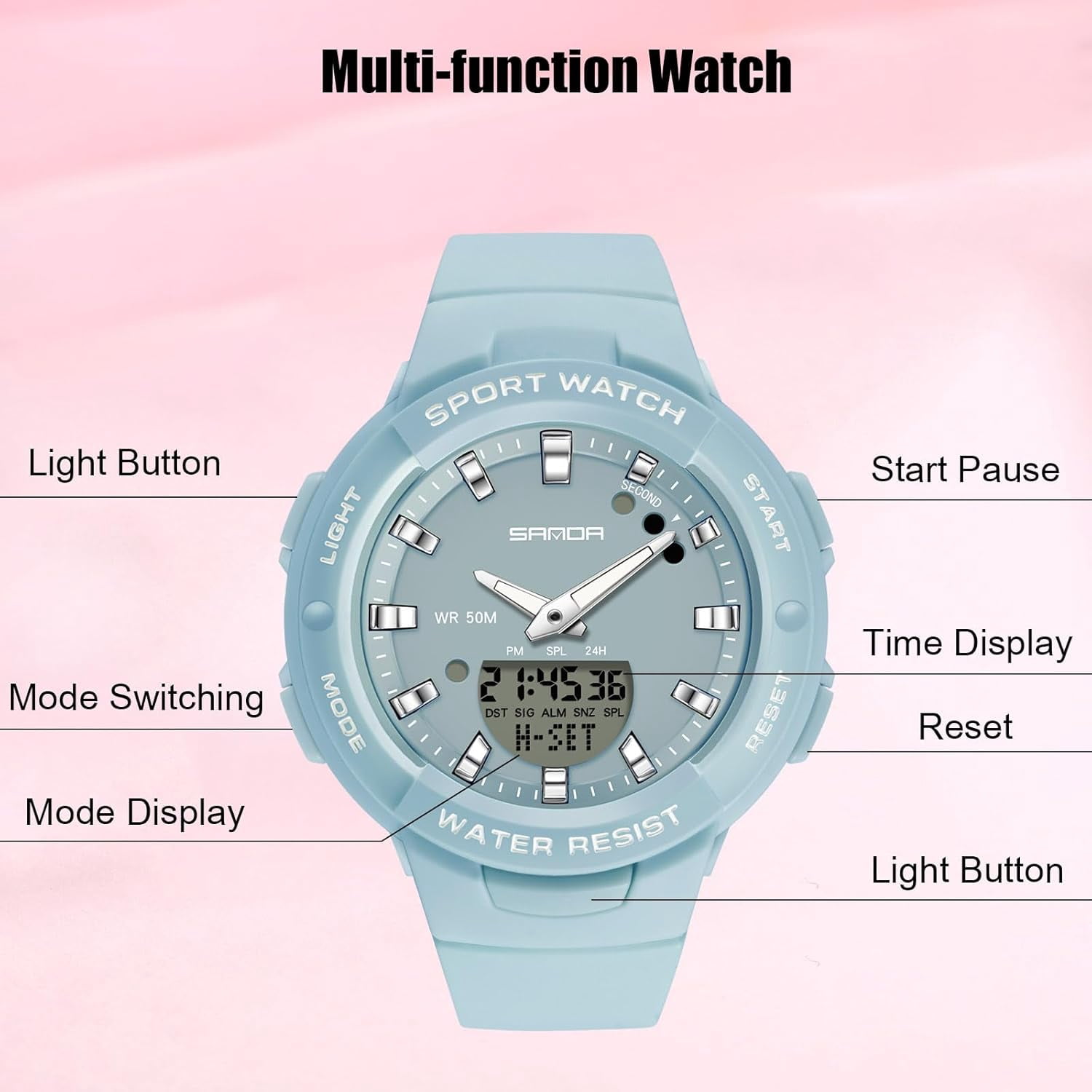 Electronic Wristwatch Digital Analog Quartz Watches Ladies Simple Resin 50M Waterproof Watch Multifunctional Military for Women