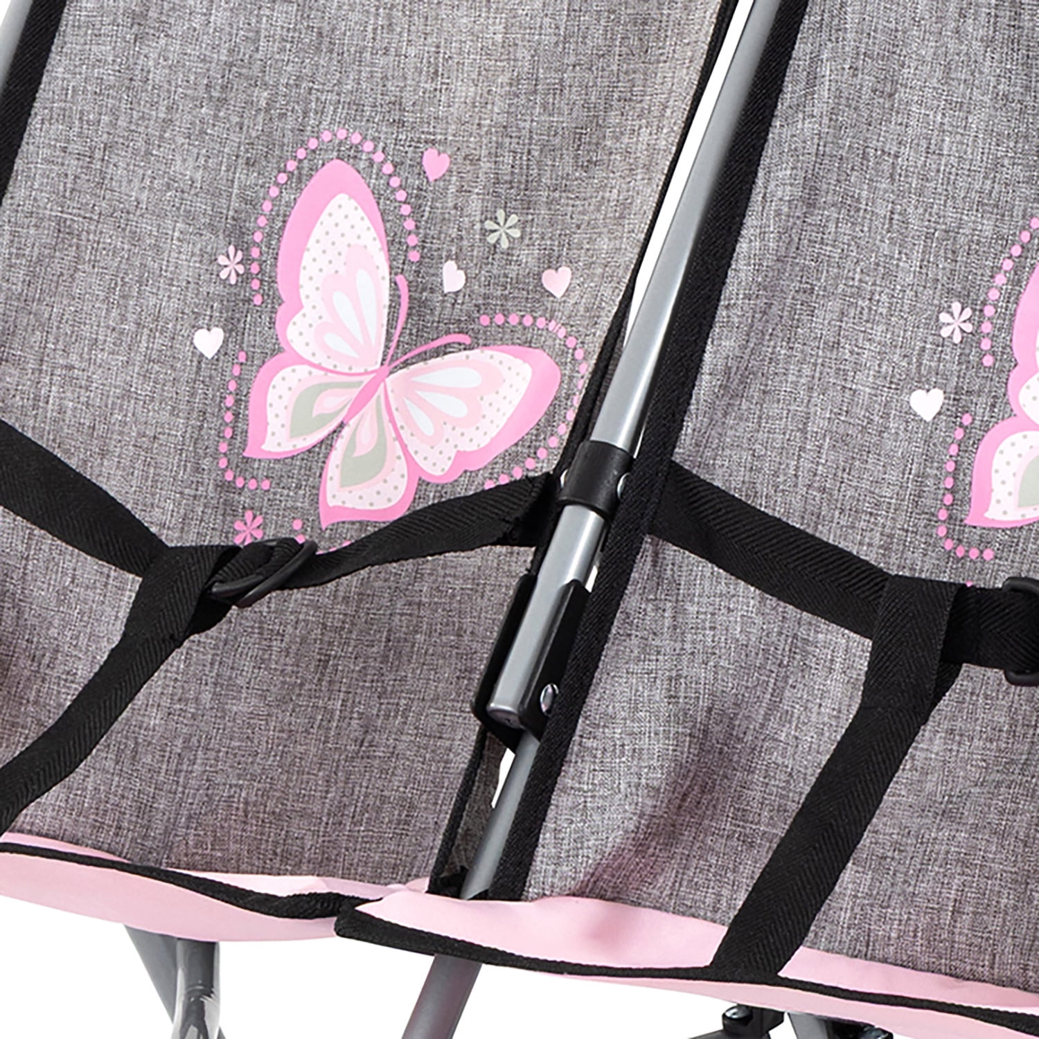Bayer Design: Doll Twin Buggy - Pink-Grey-Butterfly- Umbrella Push Stroller, Foldable, Side-By-Side Seats, Play Toy Fits 18" Dolls, Kid-Toddler 18mo+