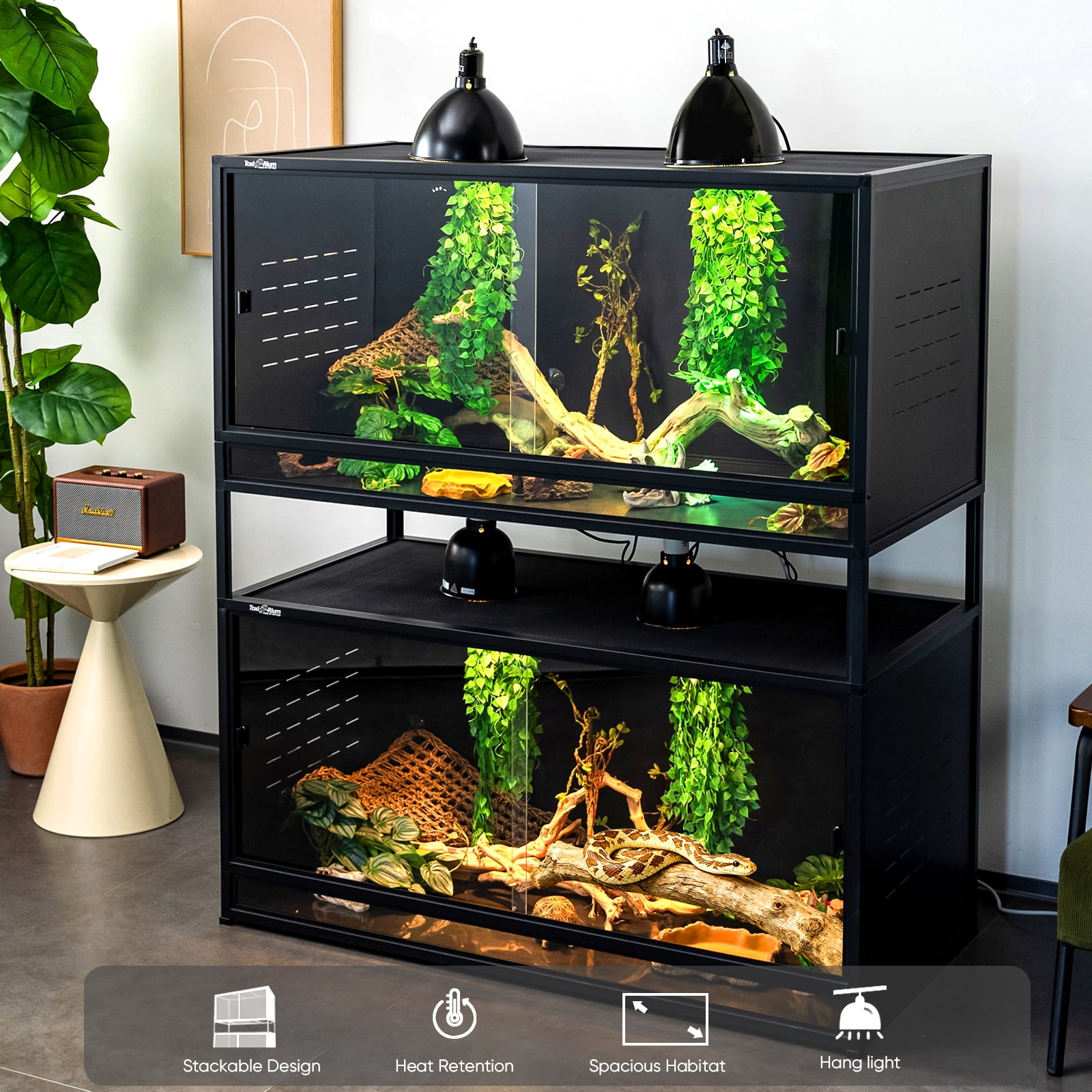 Toxirium 40x16x16 inch PVC Reptile Terrarium, Stackable Habitat with Sliding Glass Doors for Geckos, Corn Snakes and Small Reptiles