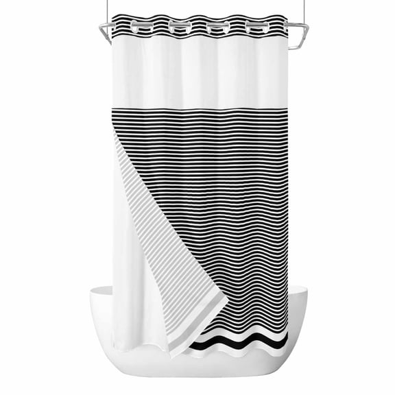 No Hook Shower Curtain, Farmhouse Black White Striped Stall Bathroom Curtains with Snap in Liner, Modern Stripes Waterproof Washable Fabric Shower Curtain Set, 54"W x 78"L