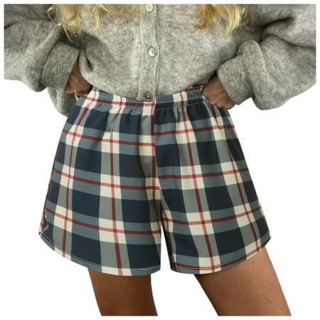 Blphud Shorts for Women Casual Summer Womens Button Up Shorts Short Women s Shorts Cute Soft Plaid Print Button Pajama Bottoms Shorts Sleepwear Plus Size Lace Boy Shorts Underwear for Women Dark Blue