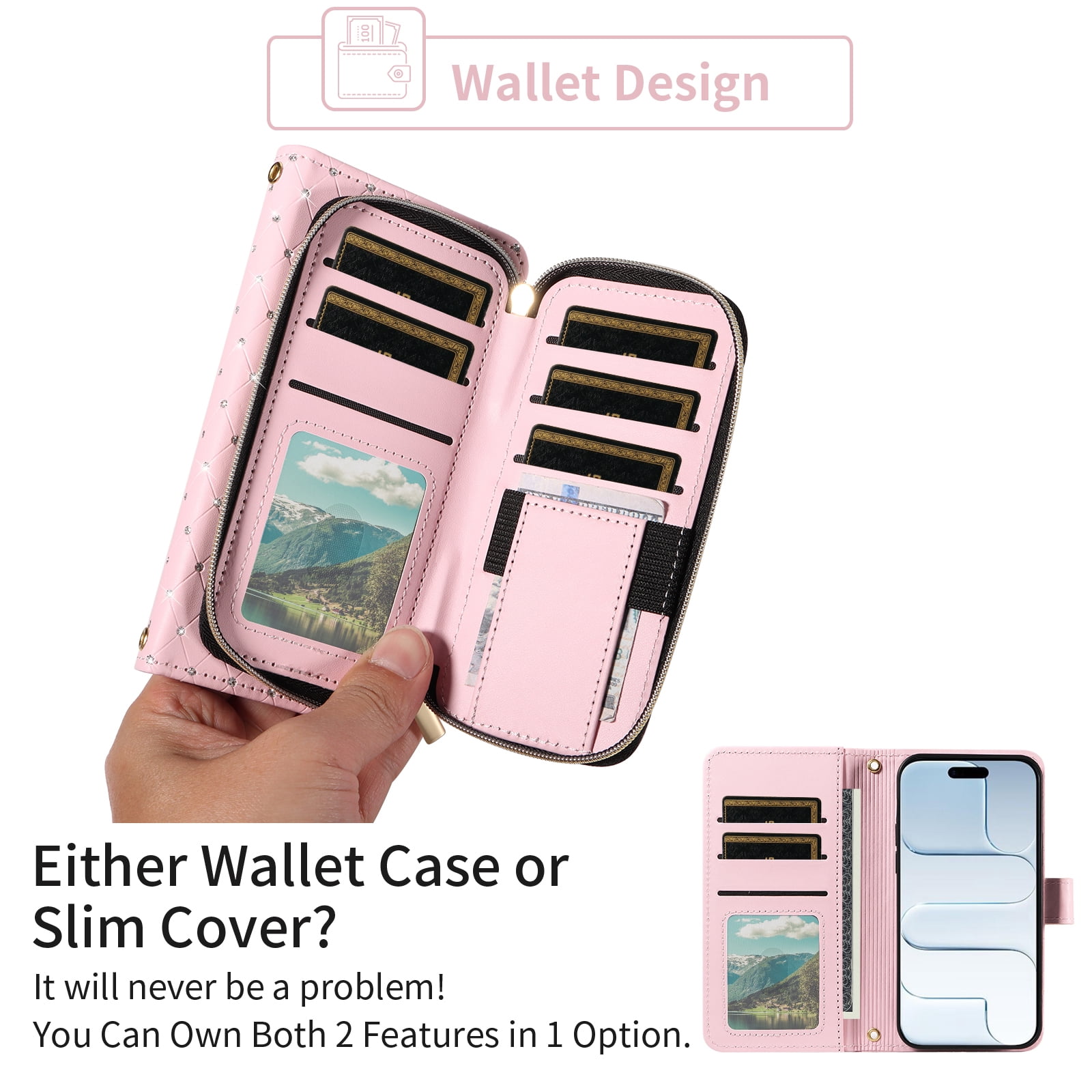 Asuwish Compatible with iPhone 17 Air 6.5 inch Wallet Phone Case Tempered Glass Screen Protector Bling Crossbody Lanyard Strap Flip Zipper Purse Card Holder Cover for i Phone17 i17 17Air Women Pink