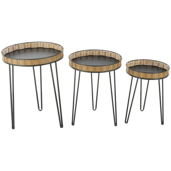 DecMode 18" x 24" Black Metal Handmade Accent Table with Rattan Edges Tabletops, 3-Pieces