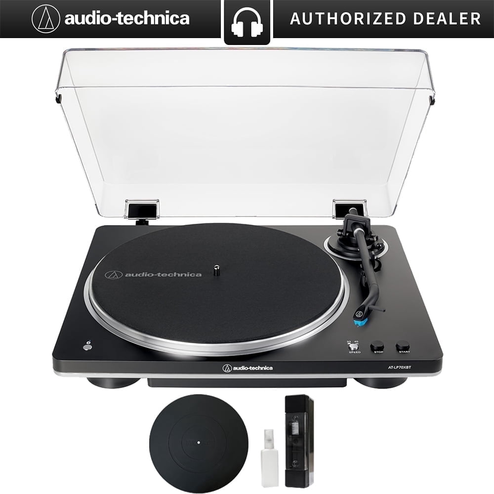 Audio-Technica AT-LP70XBT Fully Automatic Wireless Belt-Drive Turntable, Black/Silver Bundle w/ Deco Gear Universal 12" Silicone Rubber Platter Mat + Vinyl Record Cleaning Fluid System w/ Dust Brush