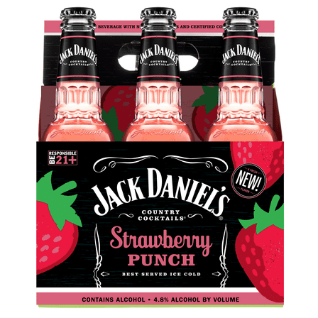 Jack Daniel's Country Cocktails Strawberry Punch 6 Pack, 10 fl oz Glass Bottles, 4.8% ABV, Domestic FMB