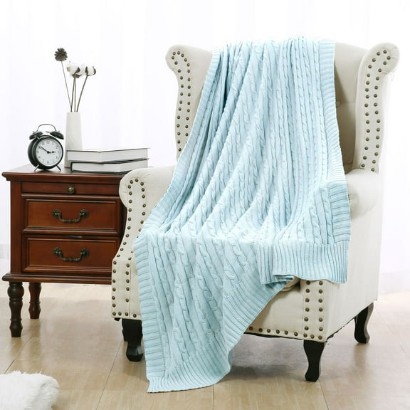 PiccoCasa 47"x70" Cotton Throw Blanket Cable Knit Decorative Blanket, Light Blue
