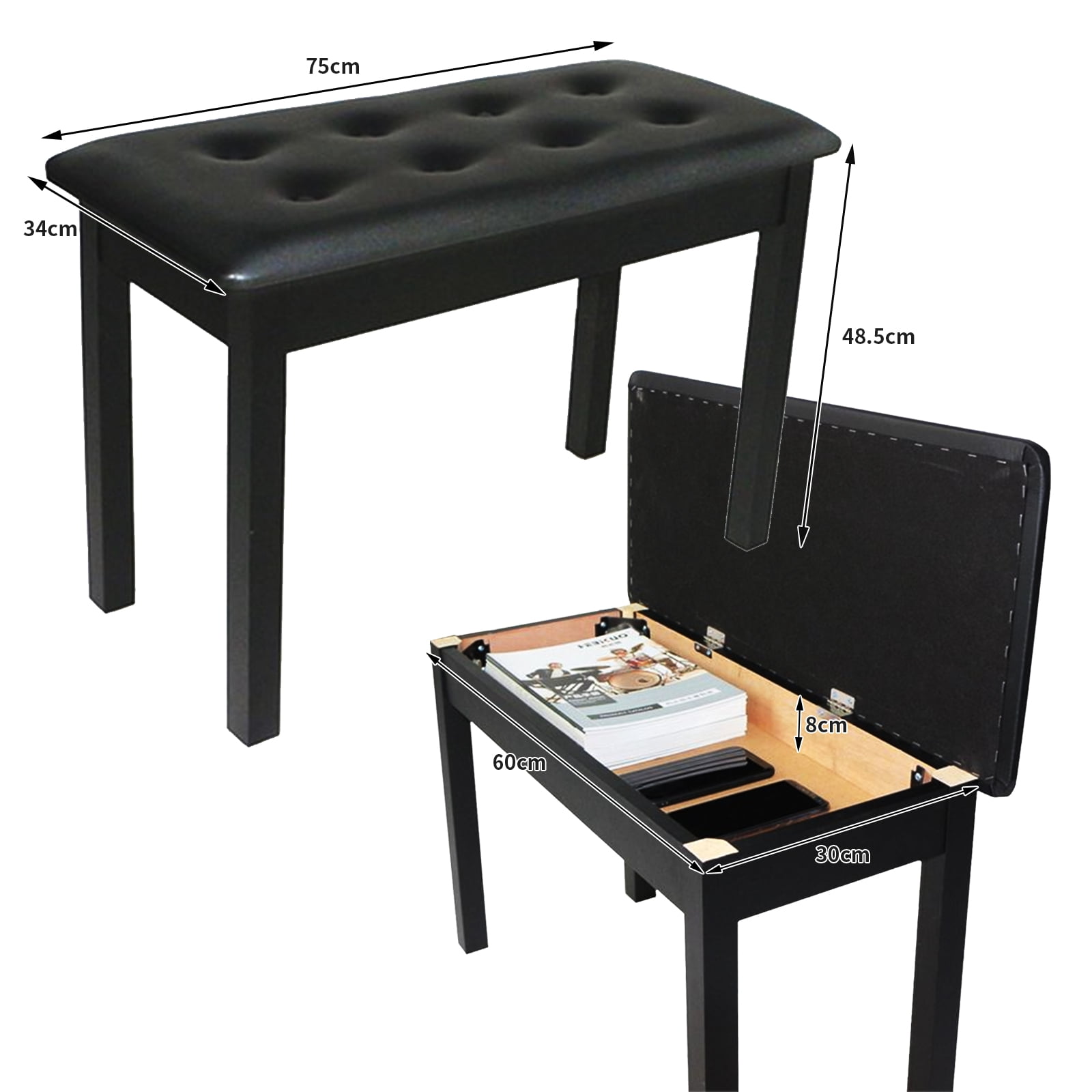 stusgo Piano Bench with Storage, Solid Wood Keyboard Bench Piano Bookcase Stool Chair Seat, Black