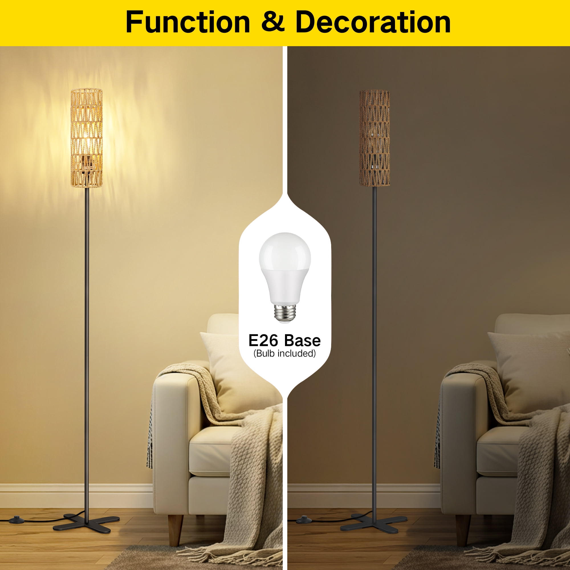 OUTON  Floor Lamps for Living Room Clearance, Dimmable, Minimalist Pole Lighting for Bedroom, Office, Kids Room, Bulb Included,  Rattan