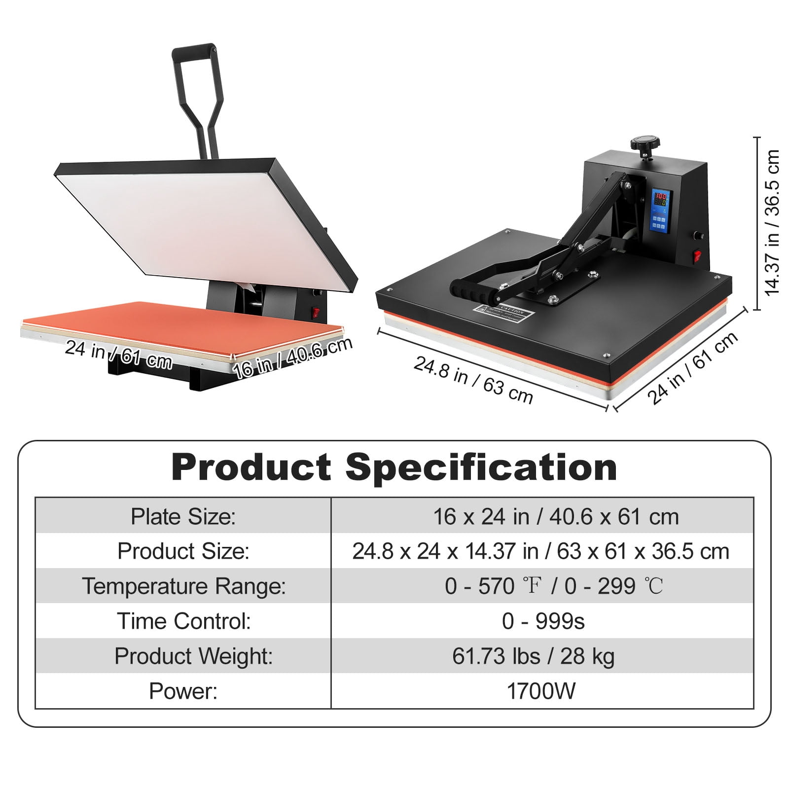 BENTISM Heat Press Machine, 16" x 24" Clamshell Sublimation Transfer Printer Teflon Coated, 1700W Digital Precise Heat Control, Silica-gel Sponge Powerpress for T-shirt Bag Pad Pillow