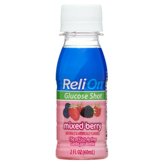 ReliOn Glucose Shot, Mixed Berry, 2 fl oz.; 15g of Fast-Acting Carbohydrates per Bottle.